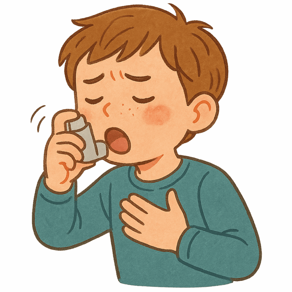 小児ぜんそくのため、薬を服用する男の子の画像